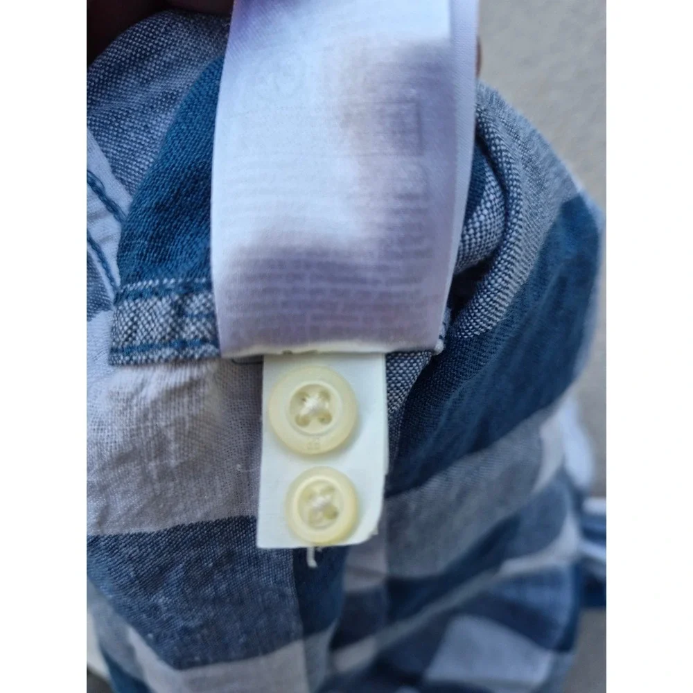 Banana Republic Mens Camden Fit 100% Linen Blue White Buffalo Check Shirt L Tall